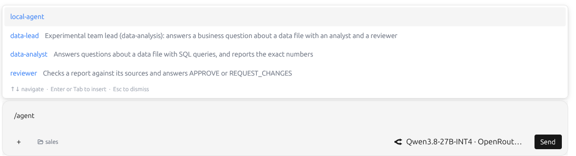 The folder chip reads sales, and /agent lists the team