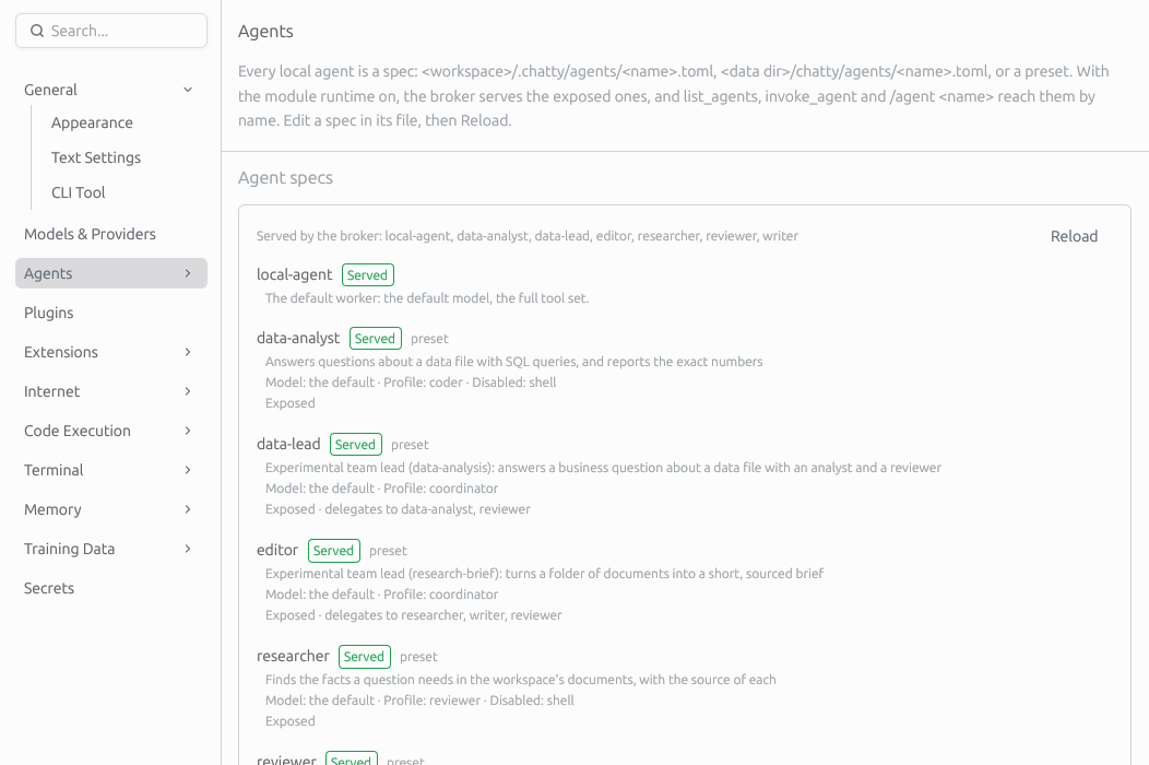 Settings → Agents lists every agent spec, preset or your own